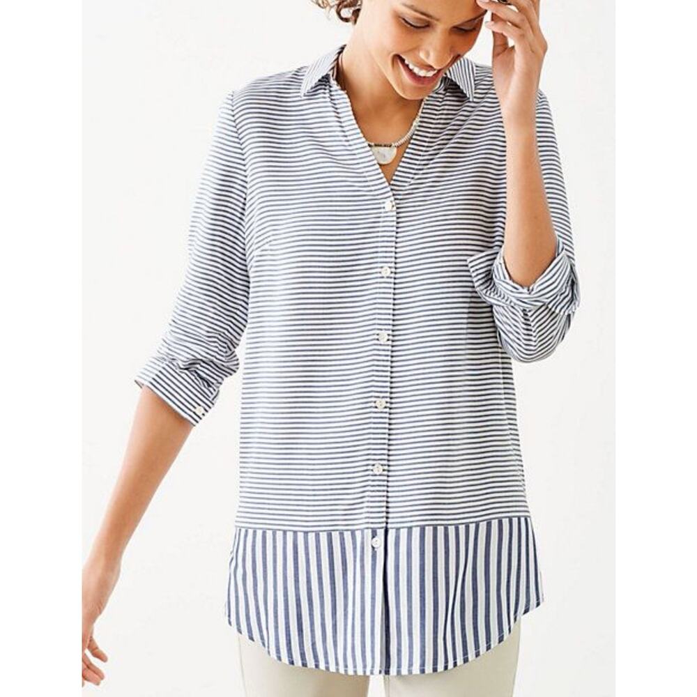 J Jill Blue Striped Collared Boyfriend Style Long Sleeve Button Up‎ Top Blouse S